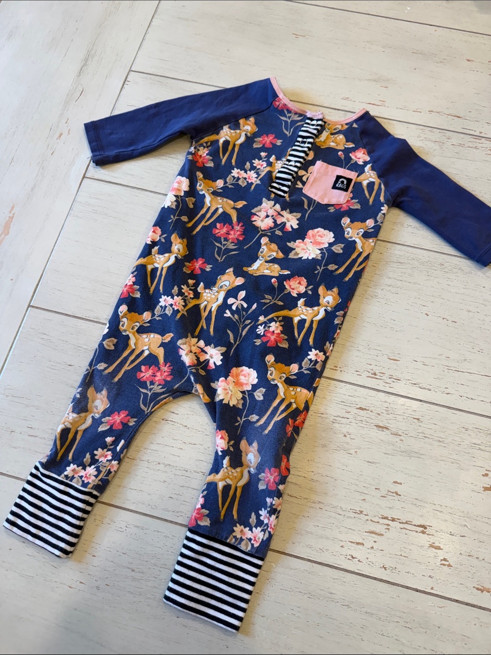 Rags to Raches Navy Floral Bambi Romper with Pink Pocket